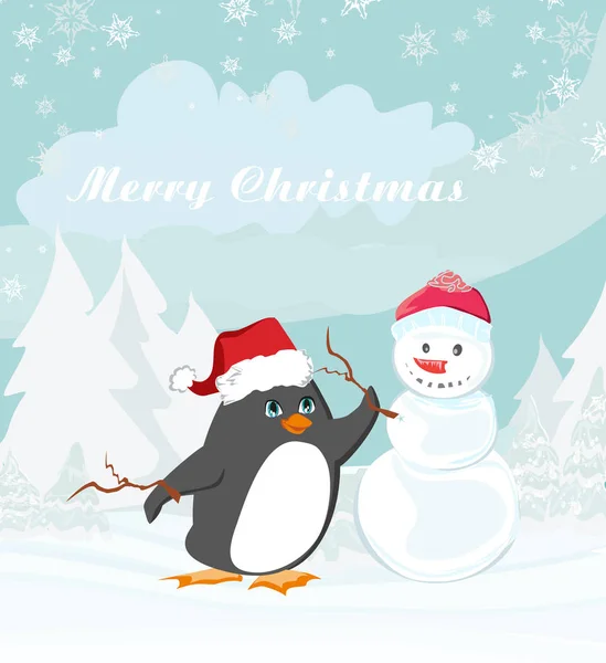 Frohe Weihnachten Mit Pinguin Und Schneemann — Stockvektor