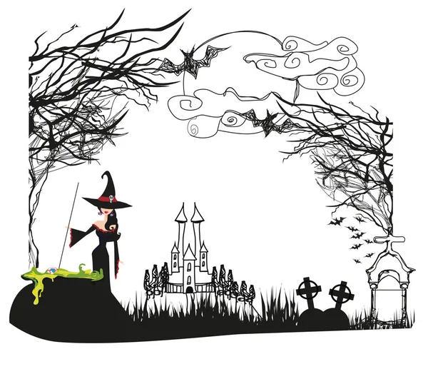 Bruxa Halloween Preparando Poção — Vetor de Stock
