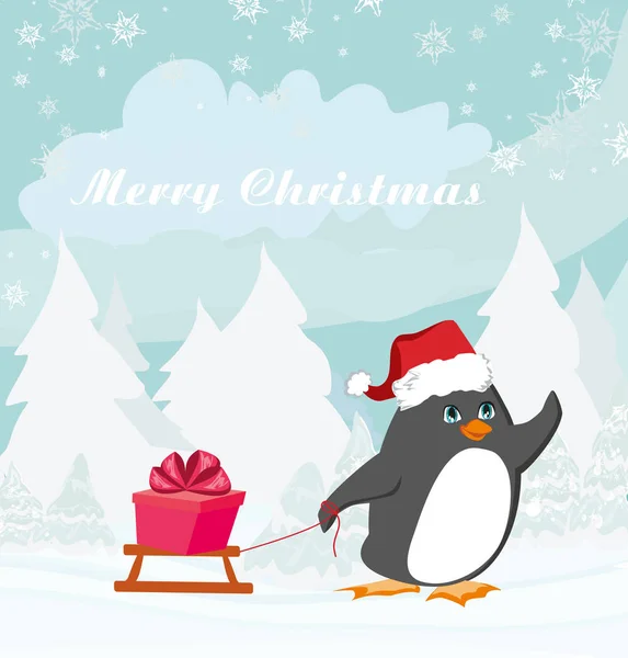 Penguin Sleds Funny Christmas Card — Stock Vector