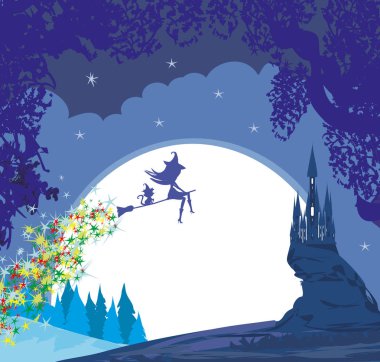 Ay ışığında süpürgede uçan bir cadı.