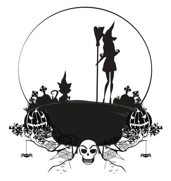 Halloween Boszorkány Macska Fekete Fehér Keret — Stock Vector