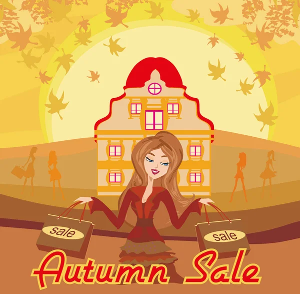 Autumn Sale Girl Card — Stock Vector