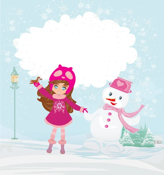 Κοριτσάκι Και Χιονάνθρωπος — Διανυσματικό Αρχείο
