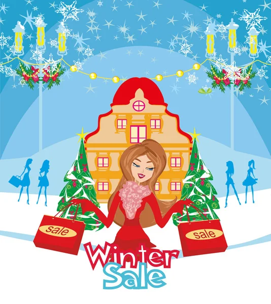 Beautiful Girl Winter Shopping Card — Stock Vector