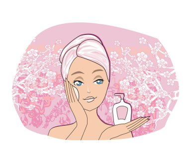 Young woman with lotion washing face clipart