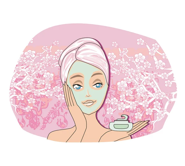 Beautiful Woman Applying Purifying Mask Her Face — Stock Vector