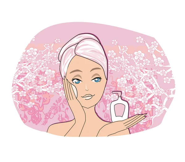 Young Woman Lotion Washing Face — Stock Vector