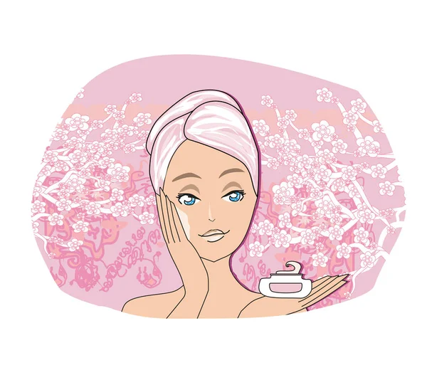 Beautiful Woman Applying Cream Foundation Her Face — Stock Vector