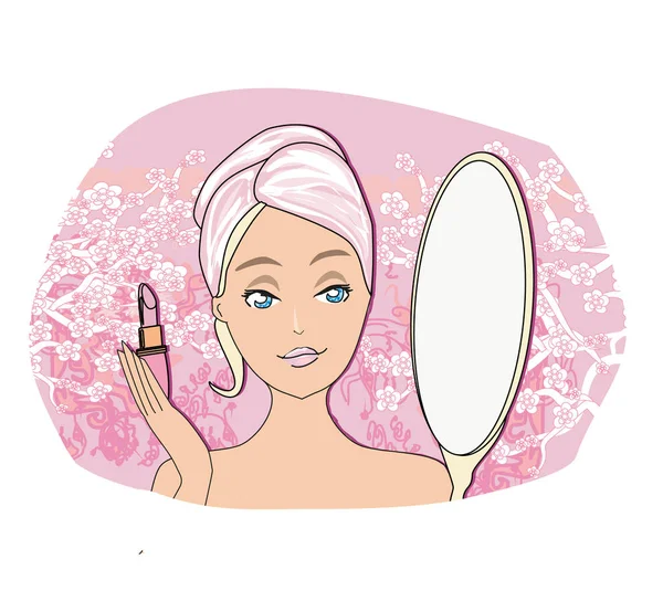 Beautiful Blonde Girl Applying Lipstick — Stock Vector