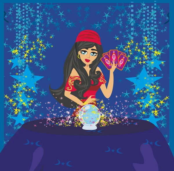 Fortune Teller Woman Reading Future Magical Crystal Ball — Stock Vector