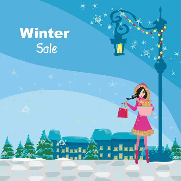 Schöne Mädchen Auf Wintereinkauf Karte — Stockvektor