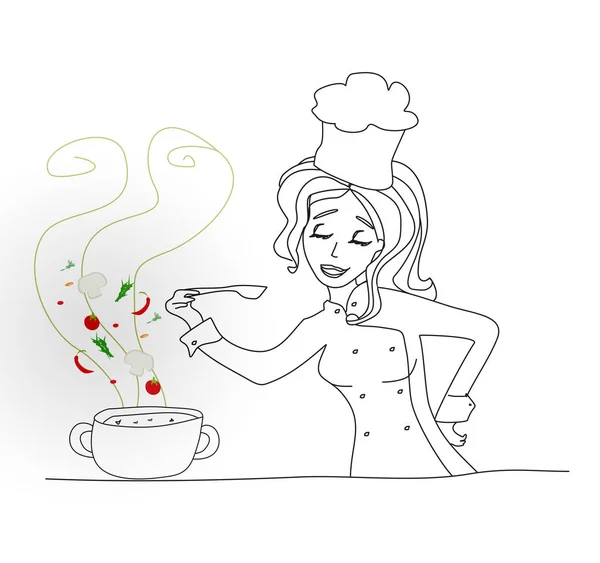 Menina Bonita Cozinhar Sopa Doodle Ilustração — Vetor de Stock