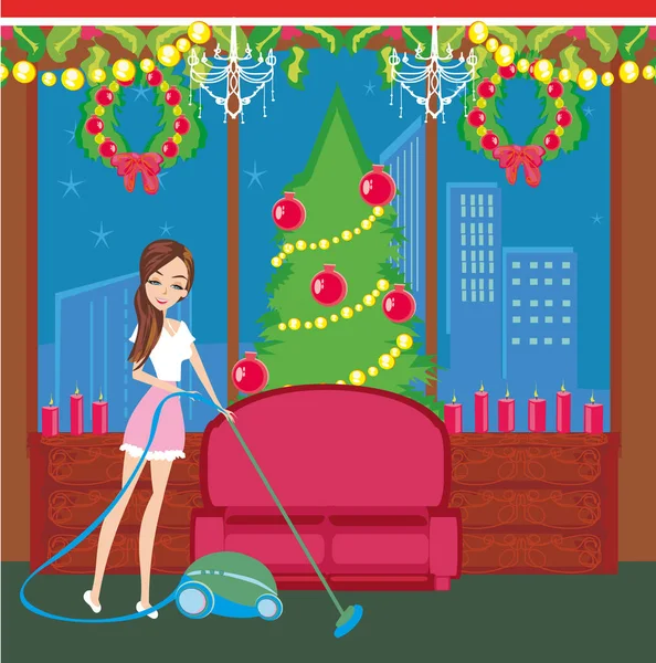 Kız Noel Öncesi Temizlik — Stok Vektör