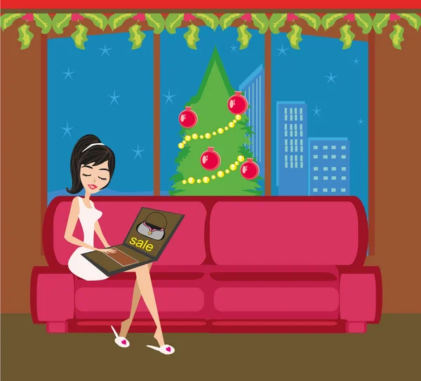 Junge Frau Und Weihnachten Online Shopping — Stockvektor