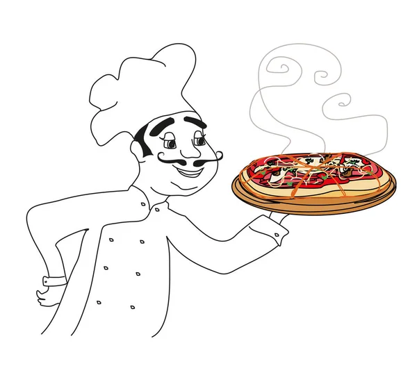 Chef Met Pizza Doodle Illustratie — Stockvector