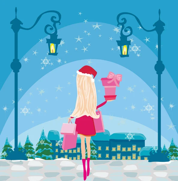 ショッピング カード冬の美しい少女 — ストックベクタ