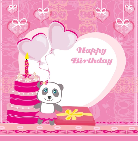 Tarjeta Cumpleaños Feliz Lindo Panda Con Globos Pastel Regalo — Vector de stock