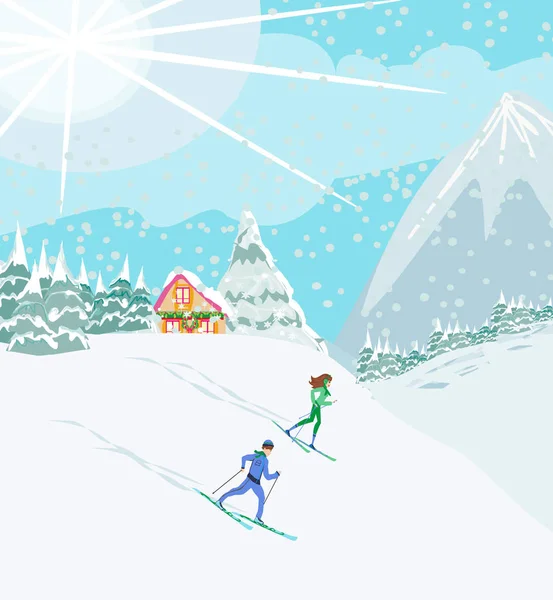 Paar Zieht Zum Skifahren — Stockvektor