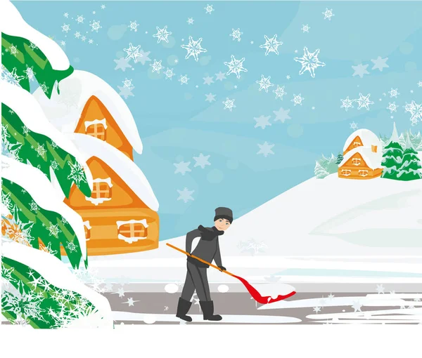 Man Shoveling Snow Winter Landscape — Stock Vector