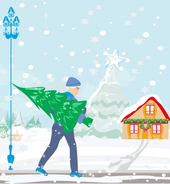 Man Carrying Christmas Tree — Stock Vector