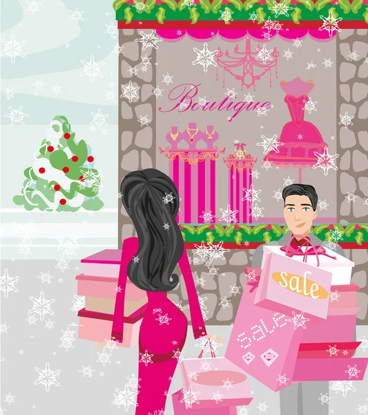 Pareja Compras Ventas Invierno — Vector de stock