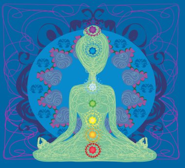 Kız oturur ve meditasyon yapar, soyut bir kart.