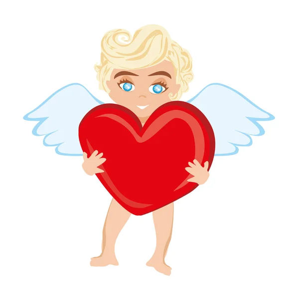Funny Little Cupid Holding Love Heart — Stock Vector