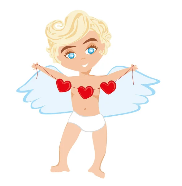 Cupido Poco Divertido Sosteniendo Corazones Amor — Vector de stock