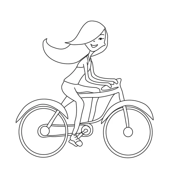 Menina Andar Bicicleta Doodle Livro Colorir — Vetor de Stock