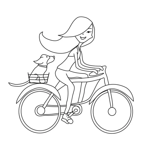 Chica Montar Bicicleta Junto Con Perro — Vector de stock