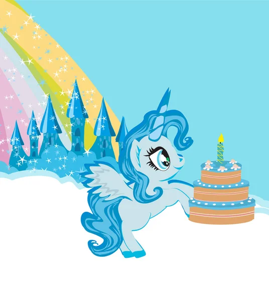 Carta Con Simpatico Unicorno Torta Compleanno — Vettoriale Stock