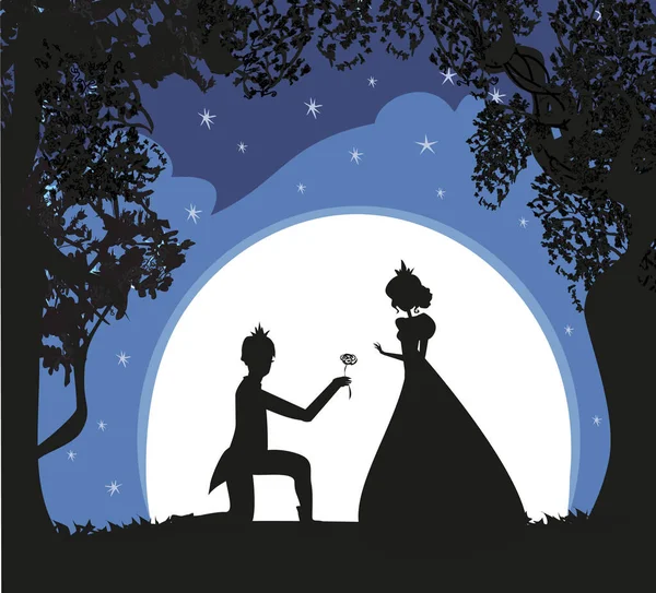 Principessa Con Principe Nella Notte Romantica — Vettoriale Stock