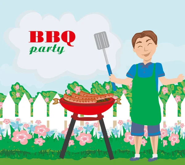 Man Cooking Meat Grill Invitation Party — Stock Vector