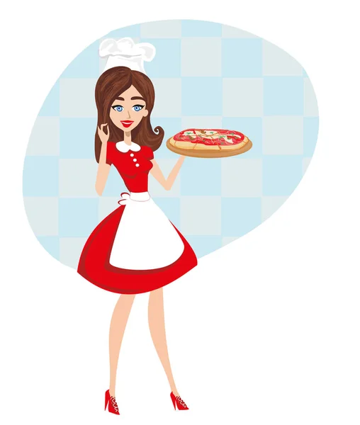 Красива Офіціантка Подає Піцу — стоковий вектор