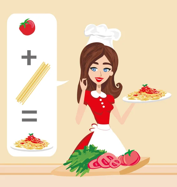 Lächelnde Frau Beim Kochen Von Spaghetti — Stockvektor