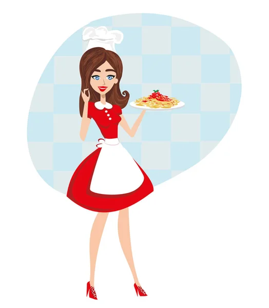 Beautiful Waitress Serves Spaghetti — Stock Vector