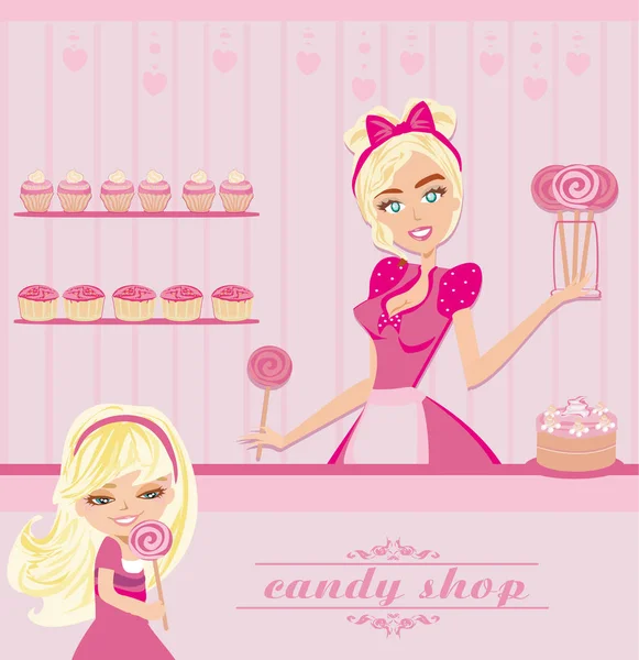 Waitress Selling Lollipops Little Girl — Stock Vector