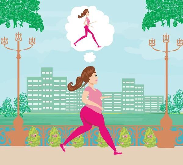 Ung kvinna joggar, fet flicka drömmer om att bli en smal flicka — Stock vektor