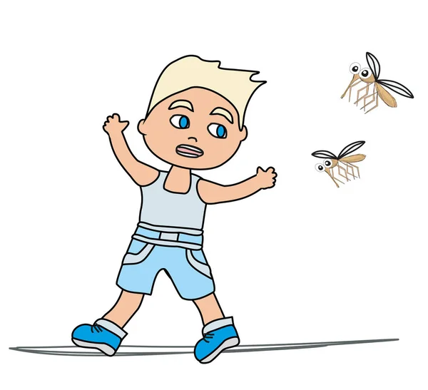 男孩从蚊子那里逃跑了 — 图库矢量图片
