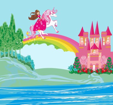 tatlı kız bir gökkuşağı üzerinde uçan bir tek boynuzlu at üzerinde