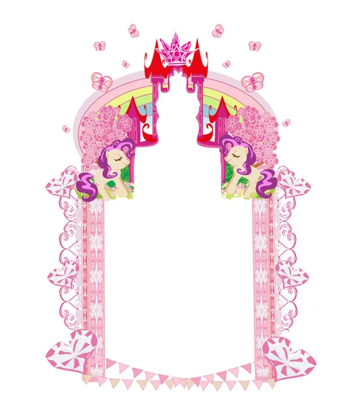 Carino unicorni e favola principessa castello cornice — Vettoriale Stock