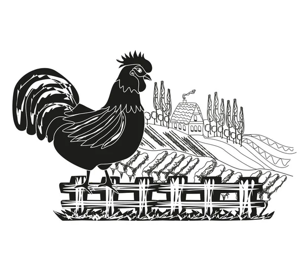 Farm scene with a rooster — Stock Vector
