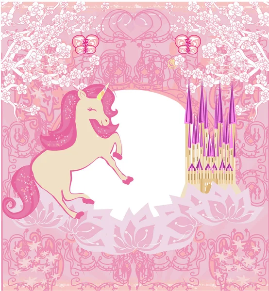 Lindo unicornio y castillo de princesa de cuento de hadas — Archivo Imágenes Vectoriales