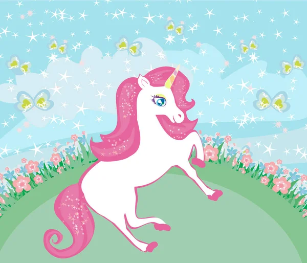 Fairytale landscape with magic unicorn — Stock Vector