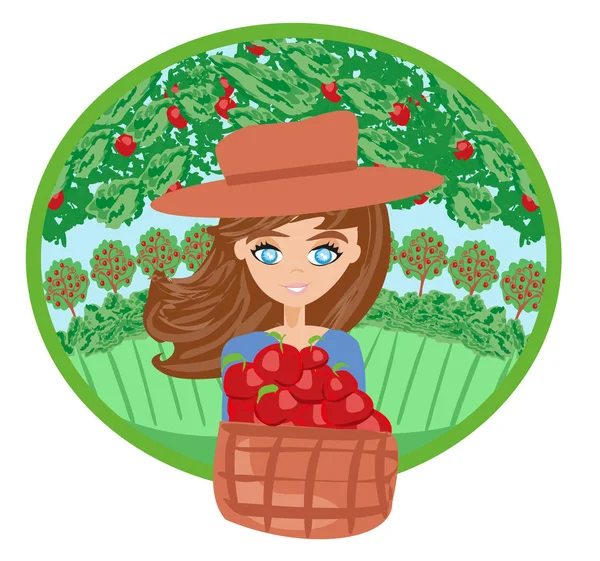 Apfel pflückt Logo, süßes Mädchen mit Apfel. — Stockvektor