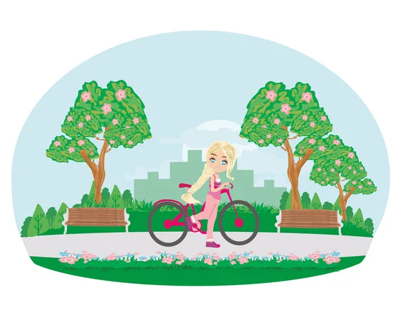 Parktaki bisikletli tatlı kız. — Stok Vektör