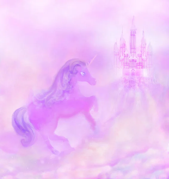 Castle in the clouds and beautiful unicorn — Stock Photo, Image