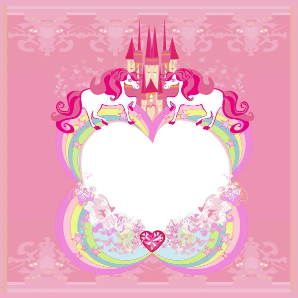 Cute unicorns and fairy-tale princess castle frame — Stock Vector