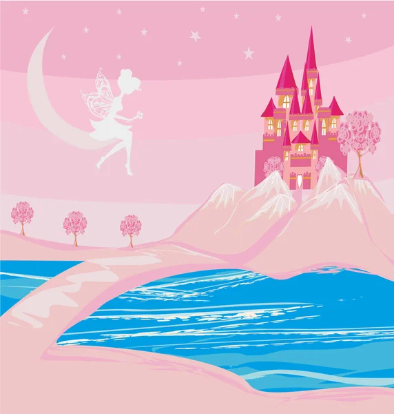 Fairy och ett medeltida slott i ett magiskt land — Stock vektor