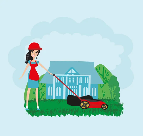 Young woman mows the grass with a mower — Stock Vector